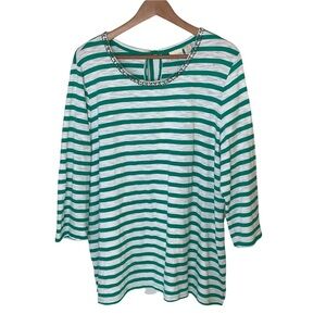 # Chico’s Green & White Striped 3/4 Sleeve XXL Tunic Top